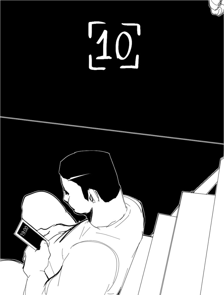 Desenho monocromático. O desenho apresenta uma perspectiva de cima, mostrando Nicolas sentado na parte de baixo de uma escada dobrável. No topo direito da imagem há um vislumbre de uma corda.
No topo da imagem há o número dez para indicar o capítulo.