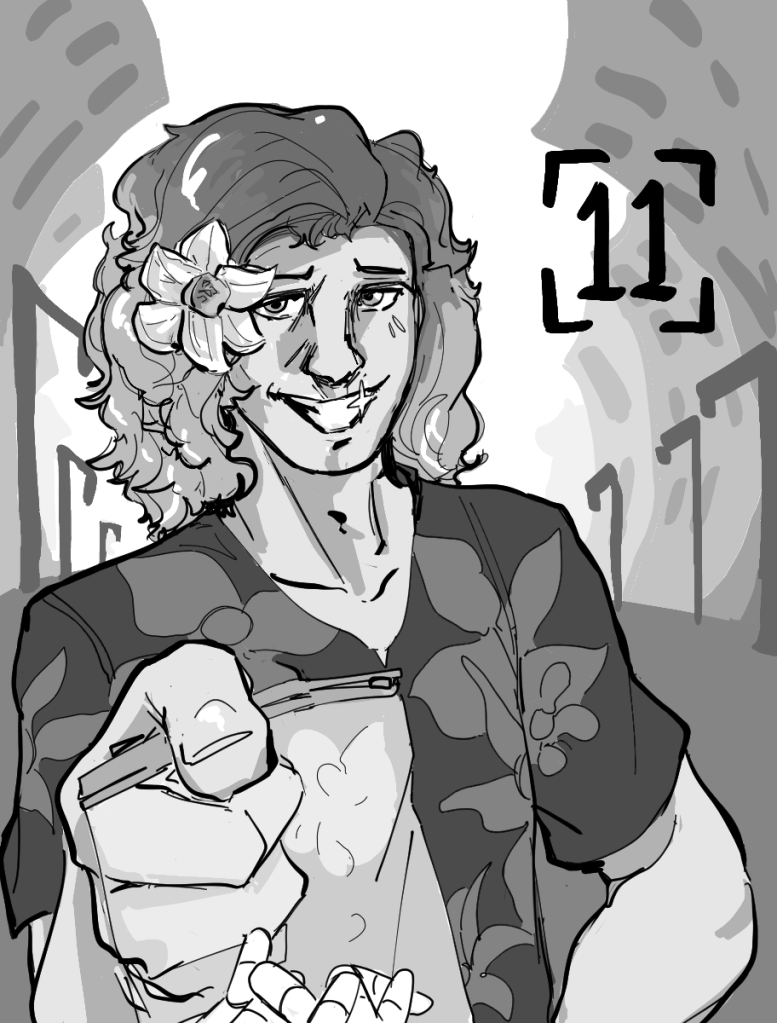 Desenho monocromático. O desenho mostra um homem sorridente, uma flor adorna seus cabelos volumosos e ondulados. Ele utiliza uma camiseta de manga curta com estampas floridas e está oferecendo um pequeno saco plástico com pílulas. O cenário ao redor mostra vários postes de luz e prédios cortorcidos em direção ao centro.
No topo direito da imagem há o número onde para indicar o capítulo.