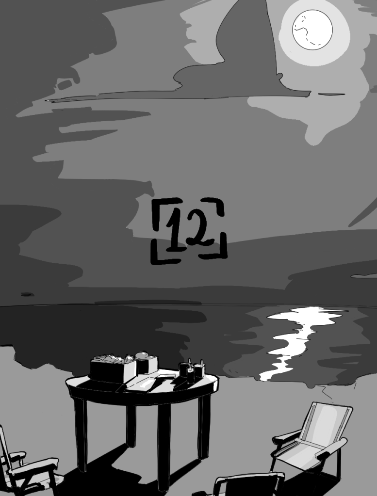 Desenho monocromático. O desenho mostra o topo de um promontório com uma mesa de plástico com um pote com pães e sucos de caixinha em cima, ao redor dela há 3 cadeiras de praia. No horizonte vemos o mar refletindo a luz da lua cheia no céu. No centro da imagem há o número doze para indicar o capítulo.