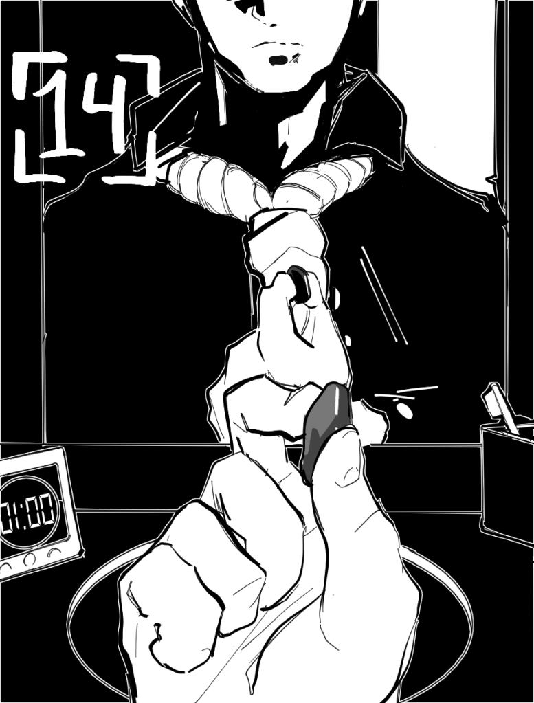 Desenho monocromático. O desenho exibe Nicolas, um homem com roupas formais e uma corda de forca no pescoço, em frente a um espelho de banheiro. Na imagem só mostra do nariz para baixo. Nicolas está segurando entre seu polegar e indicador uma escama preta. No lado direito da bancada da pia há uma escova de dente, e do outro lado um relógio marcando uma hora da madrugada. No topo esquerdo da imagem há o número quatorze para indicar o capítulo.