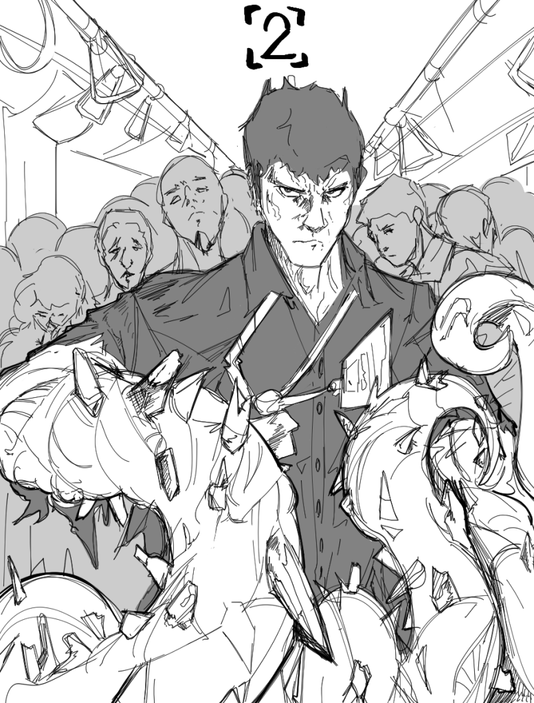 O desenho mostra no centro um homem com expressão séria e intimidadora olhando em direção ao observador. Ele possui cabelo curto, veste uma camiseta social e um crachá de empresa balança em seu peito. Seus braços são anormais, transformados em chicotes longos grossos por onde despontam partes de ossos em quantidade maior que um ser humano deveria possuir.

O cenário ao redor é o interior de um vagão de metrô, e além do homem do chicote, diversas outras pessoas olham com expressões de desconfiança e desgosto para o observador.