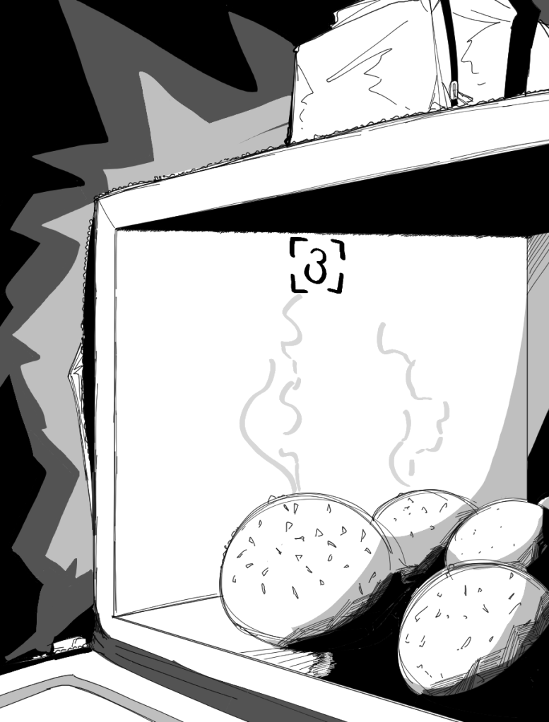 O desenho mostra uma mochila de entregas aberta. Em seu interior estão quatro pães cervejinhas recém saídos do forno.
No topo da imagem há o número quatro para indicar o capítulo.