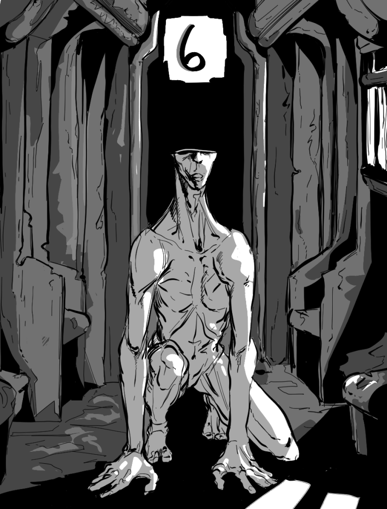 Desenho em preto e branco. Ele mostra um ser humanoide agachado com duas mãos no chão e olhando para o espectador. Ele não possui roupa ou órgãos sexuais, é magro e a parte de sua cabeça acima do nariz não existe. Ao redor da criatura está um vagão de metrô vazio, enferrujado e desgastado pelo tempo.
No topo da imagem há o número seis para indicar o capítulo.