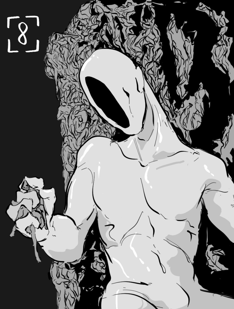 Desenho monocromático. O desenho mostra um ser humanoide e grande, com pele branca e refletora e seu rosto é apenas um buraco. Ele está sentado de forma relaxada em um trono feito de pequenas pessoas e em sua mão direita está segurando uma dessas pessoas.
No topo esquerdo da imagem há o número oito para indicar o capítulo.