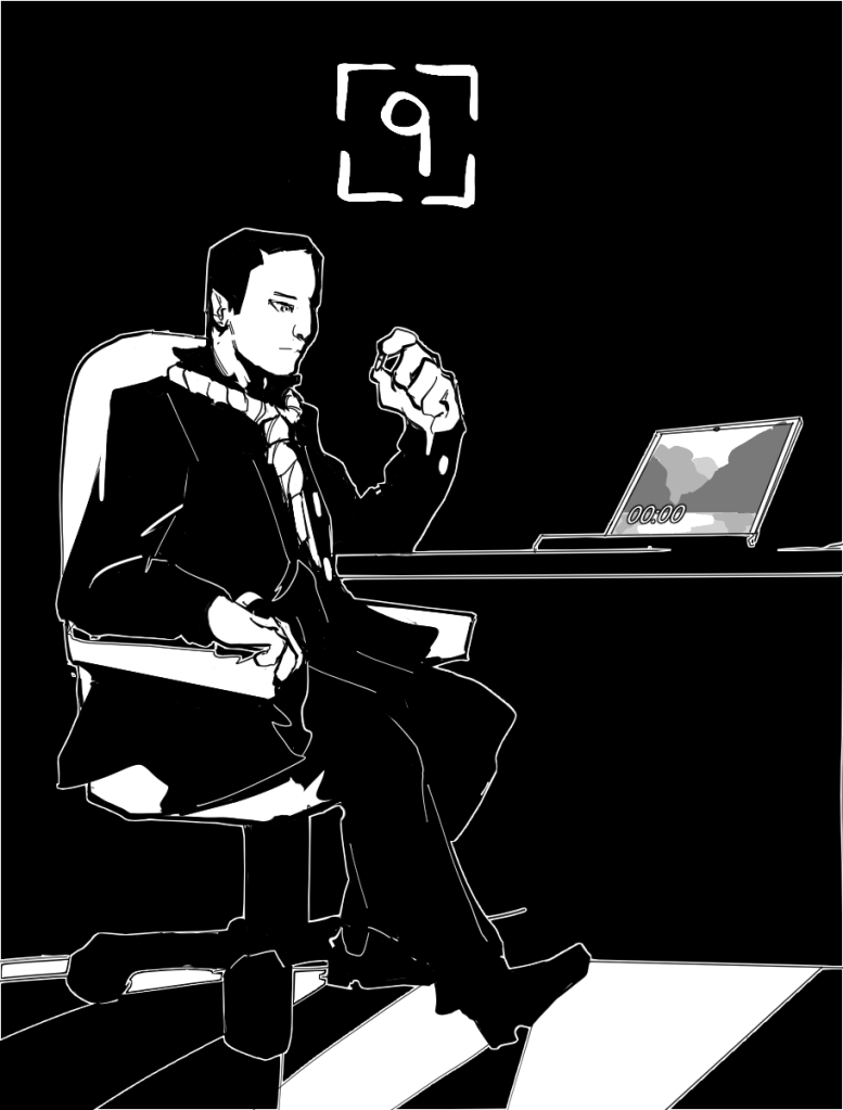 Desenho monocromático. O desenho mostra Nicolas, sentado em uma cadeira de escritório e com uma corda com nó de forca pendendo de seu pescoço. Ele está observando uma pequena pílula entre seus dedos. Ao seu lado, está uma escrivaninha com notebook em cima.
No topo da imagem há o número nove para indicar o capítulo.