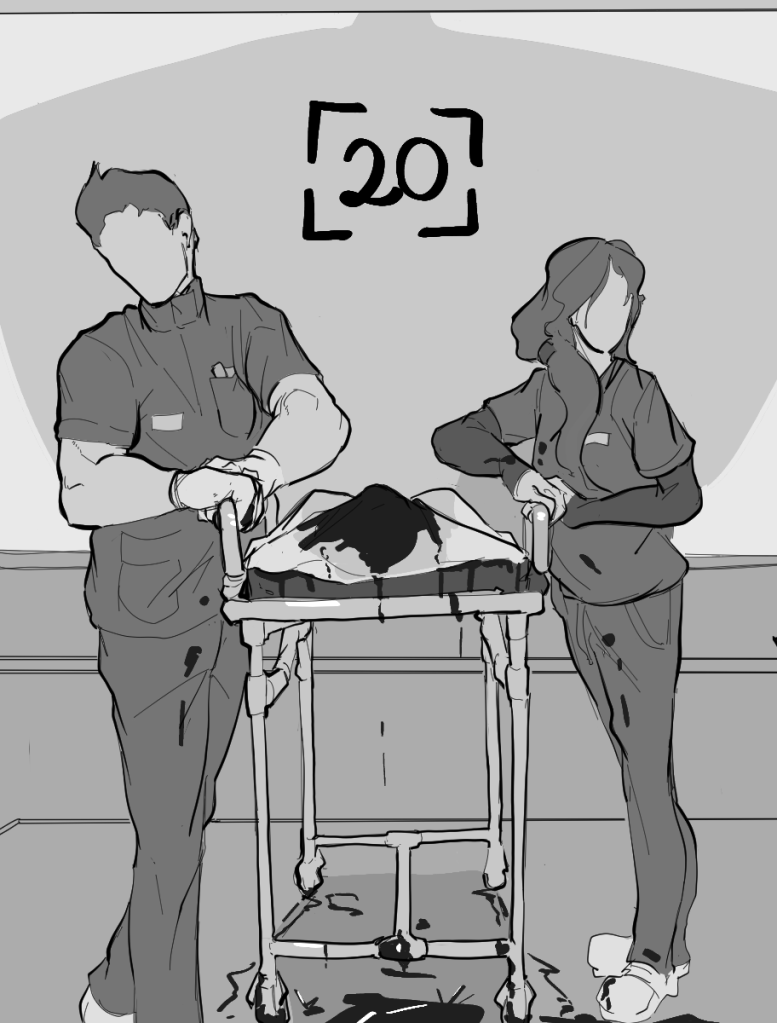 Desenho monocromático. O desenho mostra o interior de um elevador espaçoso com dois enfermeiros sem rosto, um homem e uma mulher, e no meio deles há uma maca coberta por um lençol manchado de sangue. O sangue pinga da maca e cai no chão do elevador.
No topo há o número vinte para indicar o capítulo.