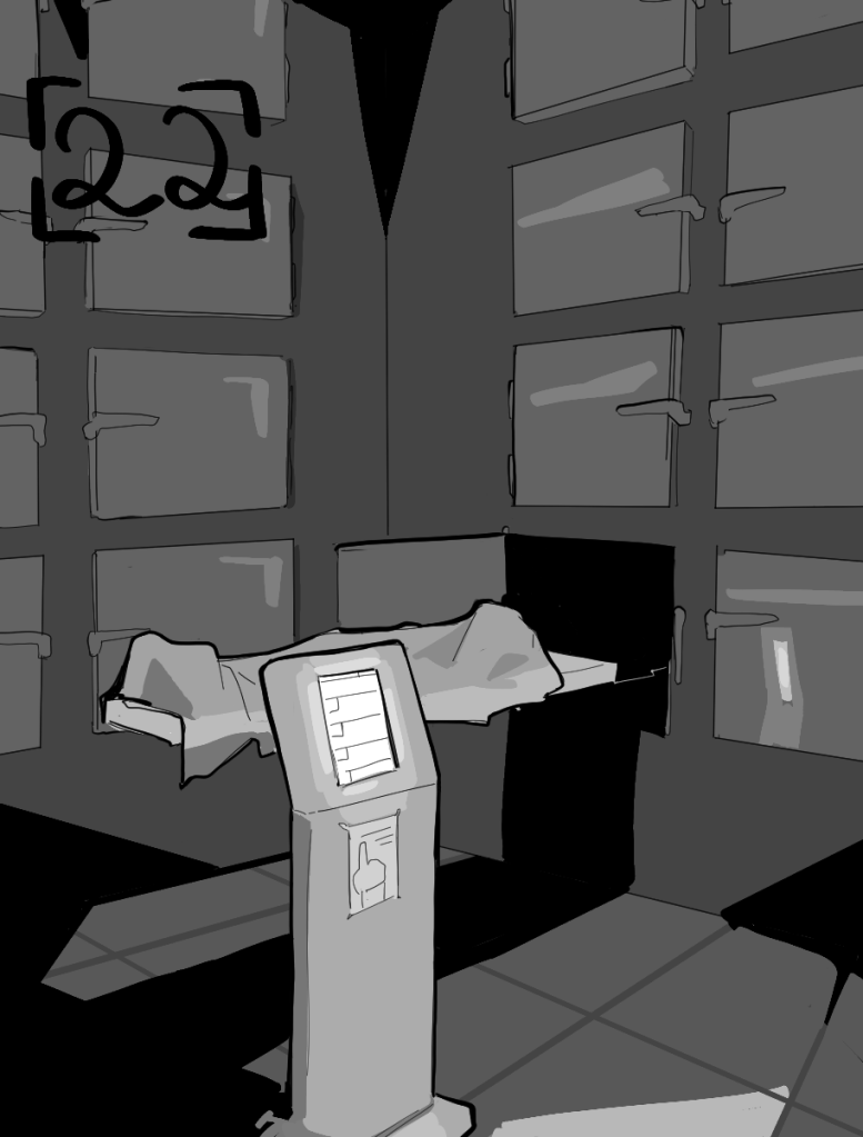 Desenho monocromático. O desenho mostra um necrotério repleto de gavetas que sobem até desaparecer da visão. No centro do local há um totem com um tablet. Uma das gavetas próximas ao chão está aberta, e nela há uma maca com um corpo tapado. No canto superior esquerdo há o número vinte e dois para indicar o capítulo.