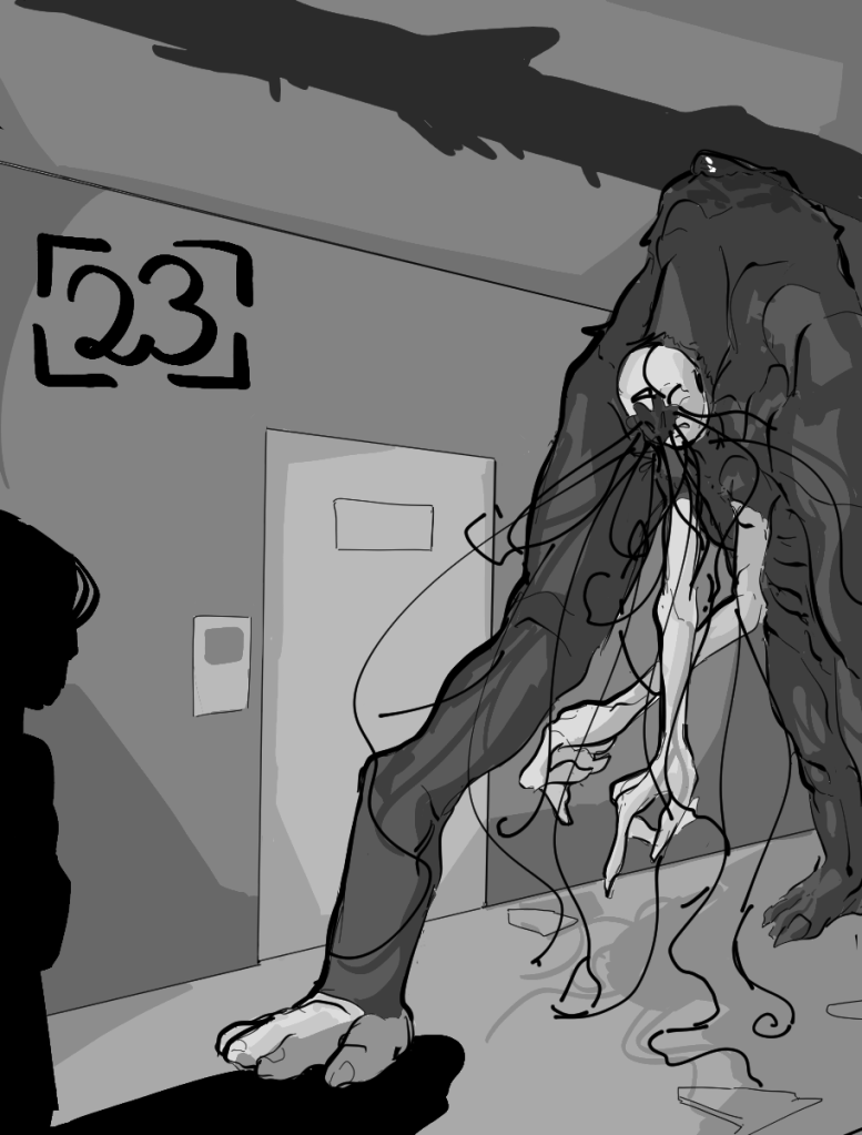 Desenho monocromático. O desenho mostra um corredor hospitalar e, no meio dele, um enorme monstro peludo com braços de duas juntas, rosto humanóide com tentáculos saindo de onde seria o nariz e, logo abaixo do rosto, um segundo par de braços pálidos e menores, com apenas uma junta. Ele anda de forma curvada e o suas costas raspam no teto, criando um rastro de sangue.
No canto superior esquerdo há o número vinte e três para indicar o capítulo.