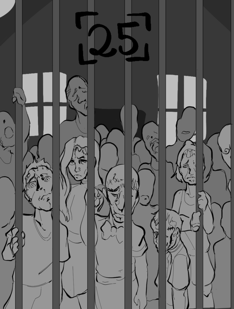 Desenho monocromático. O desenho mostra um conjunto de pessoas com proporções infantis atrás de uma grade. Elas encaram o espectador com expressões de medo, dor e raiva. O rosto de cada uma delas possui costuras, e as feições costuradas são adultas.
No topo há o número vinte e cinco para indicar o capítulo.