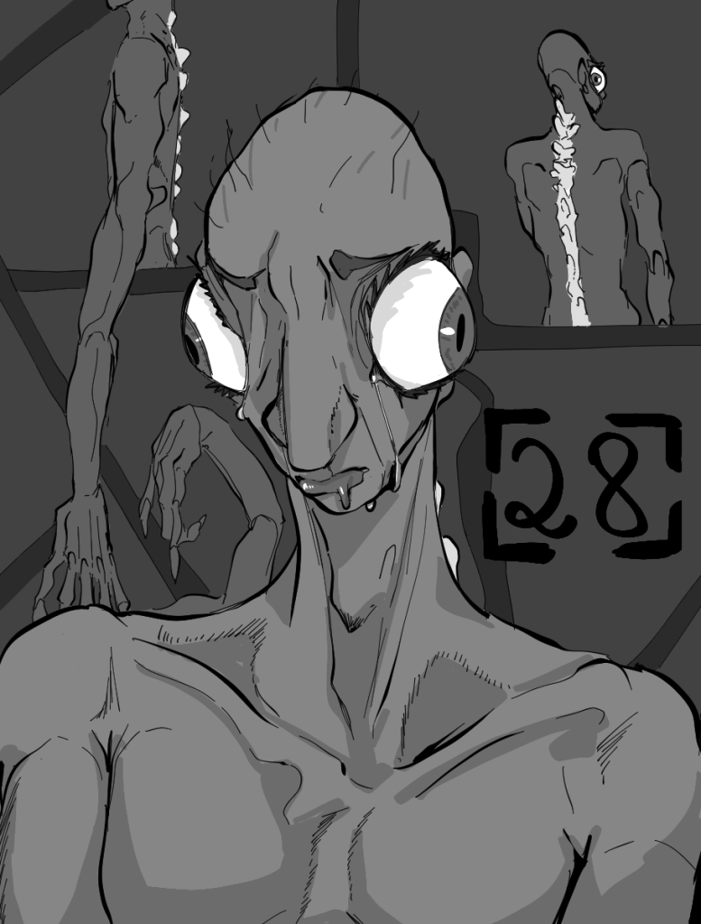 Desenho monocromático. O desenho mostra vários ângulos de uma criatura humanóide. Em destaque está uma visão da frente, onde mostra o ser com olhos que são quase metade do rosto e saltando para fora das órbitas. Lágrimas escorrem pelos olhos da criatura. Alguns fiapos de cabelo despontam do topo de sua cabeça.
Outro ângulo mostra a criatura de mostras, com ossos atravessando a pele da coluna e mantendo-a bem reta. O último mostra o ser de lado, com braços e dedos bem longos, capazes de chegar ao chão sem precisar se agachar.
No lado direito há o número vinte e oito para indicar o capítulo.