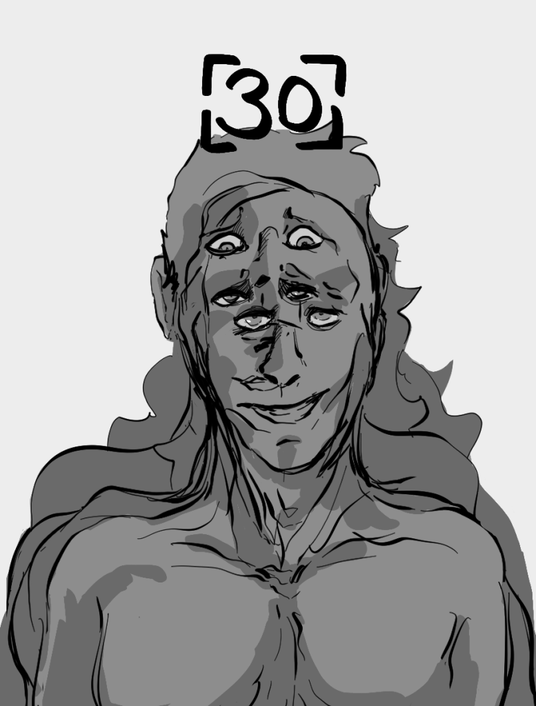 Desenho monocromático. O desenho mostra o busto de várias pessoas sobrepostas umas as outras, cada uma com expressões e olhos diferentes. Como estão semi-transparentes, é difícil saber quem está na frente e quem está atrás.
No lado direito há o número trinta para indicar o capítulo.