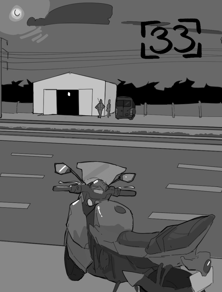 Desenho monocromático. O desenho mostra a avenida Ipiranga, uma via de mão dupla separada por um arroio no meio. Está de noite e, na via mais próxima da perspectiva da imagem está uma motocicleta, enquanto na outra, atravessando o arroio, mostra um galpão aberto com dois homens e uma van próxima. No canto superior direito há o número trinta e três para indicar o capítulo.