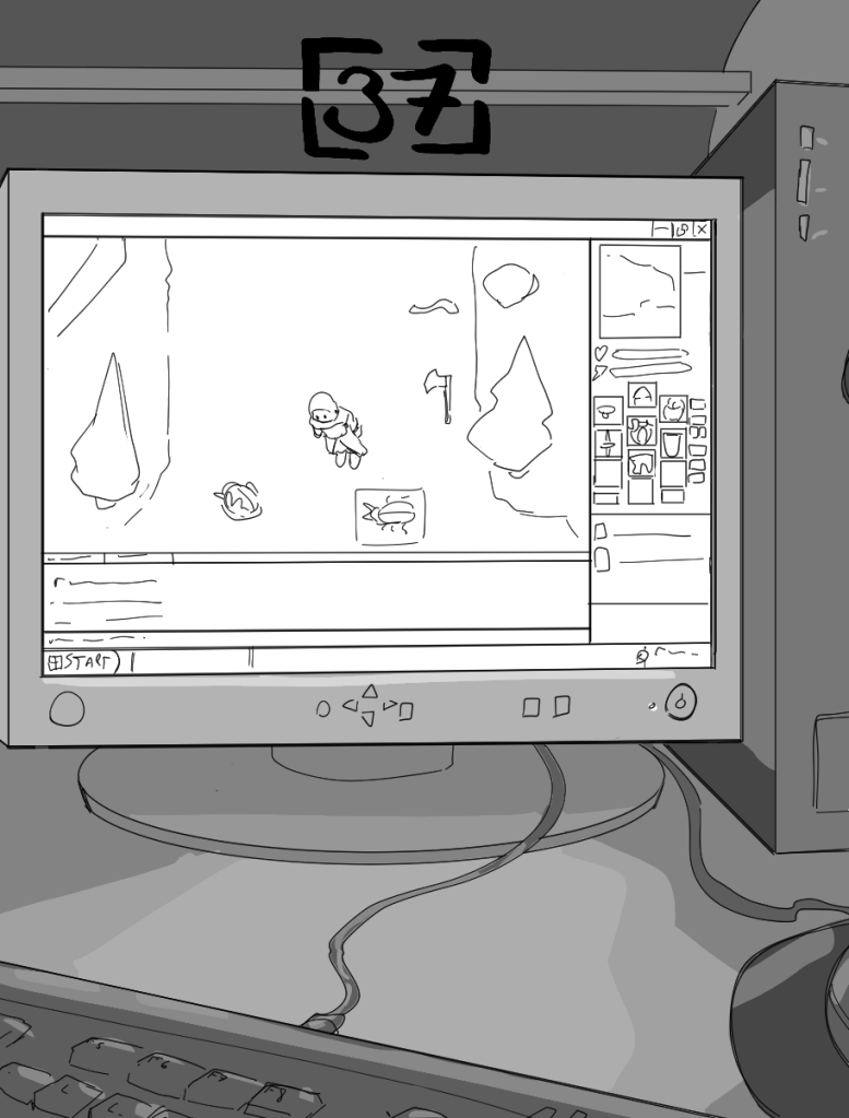 Desenho monocromático. A imagem mostra uma mesa de lanhouse com um monitor CRT antigo, um gabinete, mouse e teclado. O monitor está mostrando uma janela com o jogo tíbia aberto, onde temos a visão de cima de um personagem cavaleiro, uma trilha com árvores em volta e um monstro inseto próximo do personagem. No lado direito mostra o inventário do jogador, com os itens equipados e posses da mochila.
Na parte superior da imagem há o número trinta e sete para indicar o capítulo.