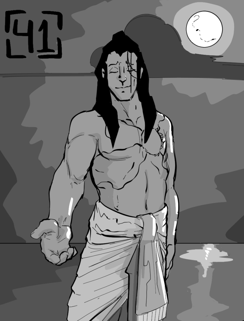 Desenho monocromático. A imagem mostra um humano de cabelos escuros e compridos, de olhos fechados e expressão serena. Sua única vestimenta é um saiote chanti, e na pele é possível ver uma tatuagem em formato de círculo em volta do coração, com linhas que passam pelo peito e vão até as costas. Está estendendo a mão para frente, como se a oferecesse para alguém pegar.
Atrás dele está o mar, refletindo a lua cheia.
No canto superior esquerdo da imagem há o número quarenta e um para indicar o capítulo.